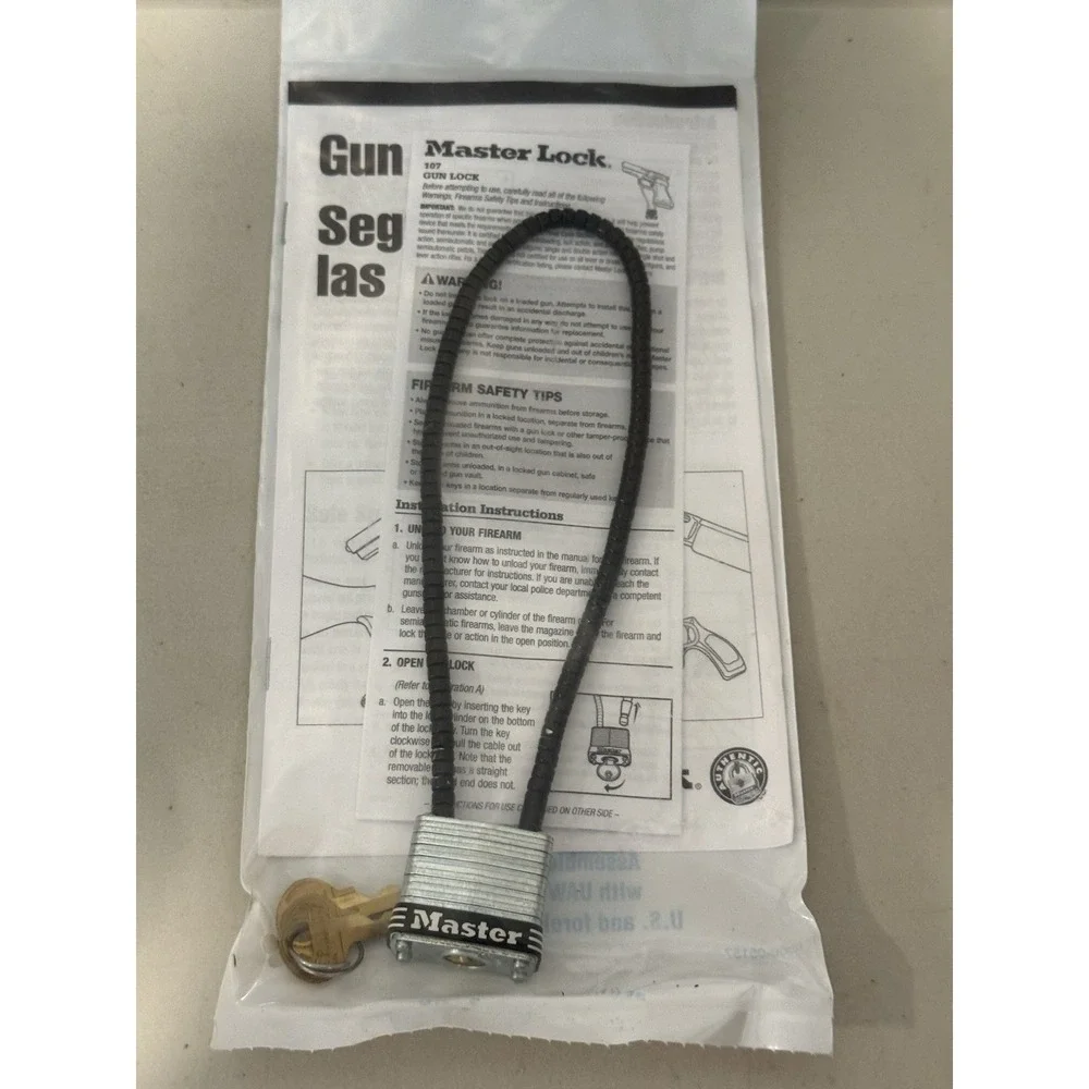 Master Lock 107 Cable Gun Lock Firearm Safety Padlock Brand New with Keys Manual